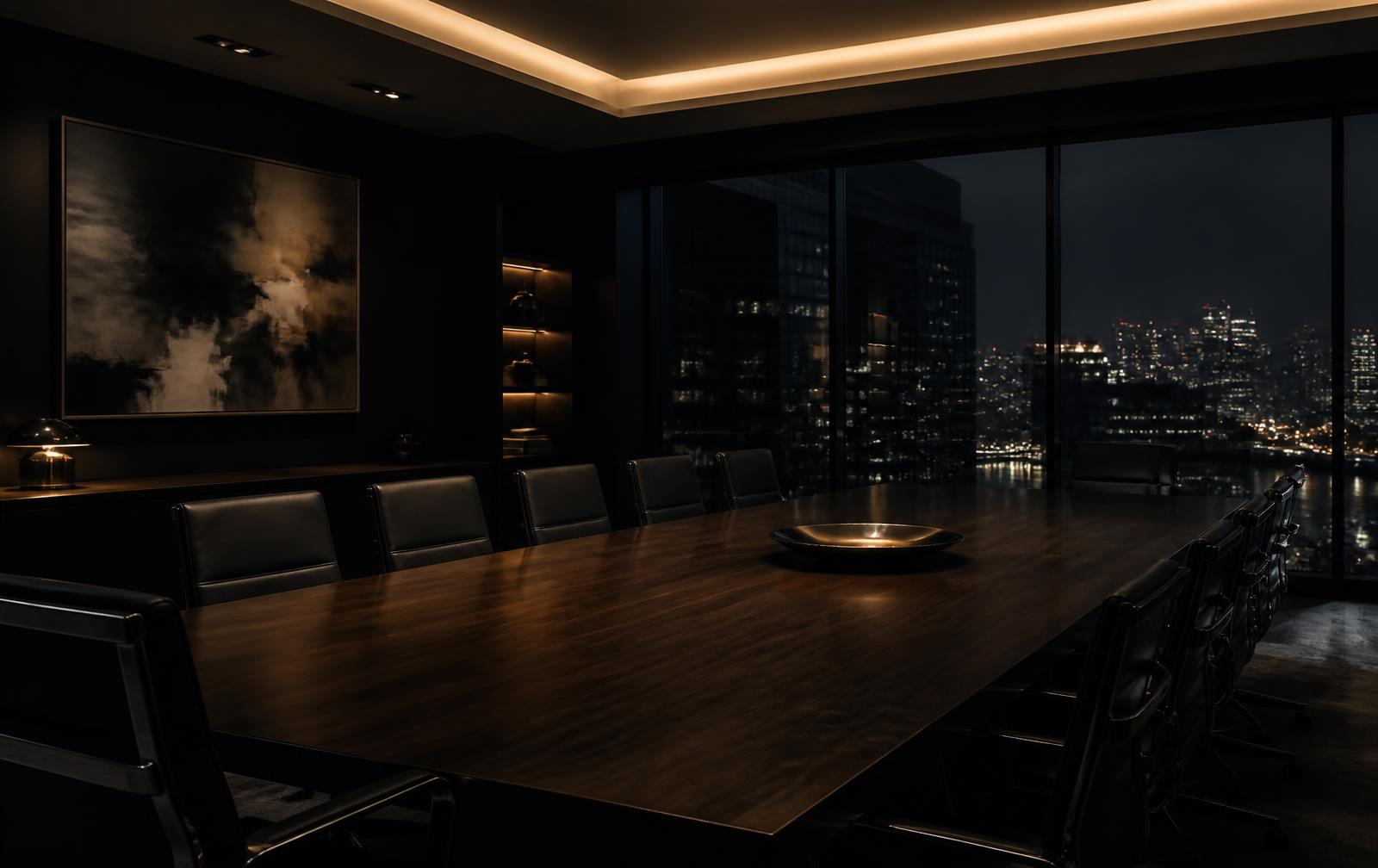 Boardroom overlooking a city skyline at night